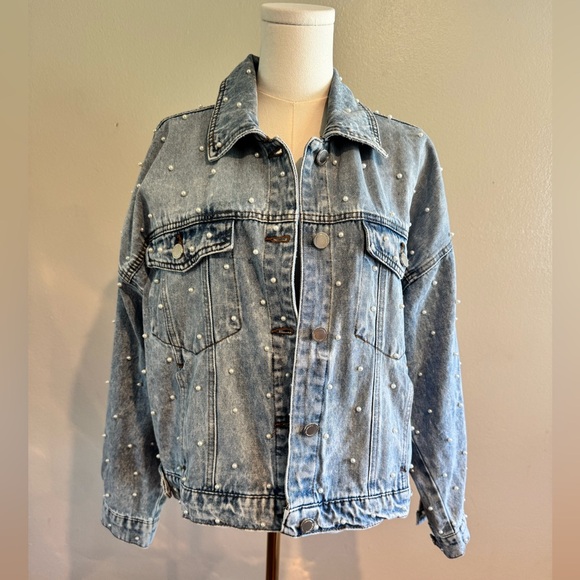 Blank NYC Jackets & Blazers - Blank NYC Light Blue Pearl-Studded Denim Jacket